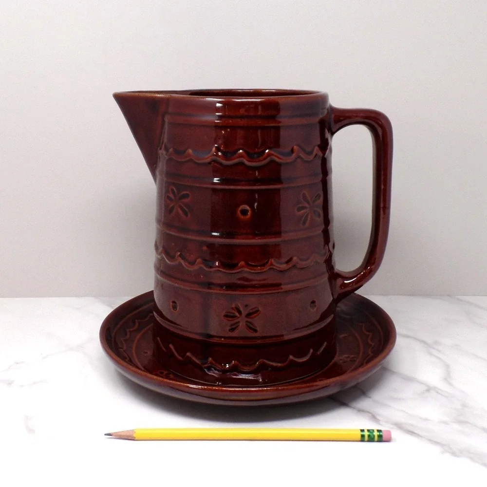 Vintage Marcrest Ceramic Pitcher and Underplate, Brown Daisy and Dot (1950s)